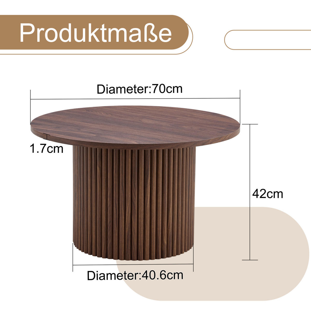COUCHTISCH aus MDF und Metall Ø70x42 cm in Walnuss mit Kannelierung - Walnussfarben, Holzwerkstoff (70/70/42cm) - Modfu