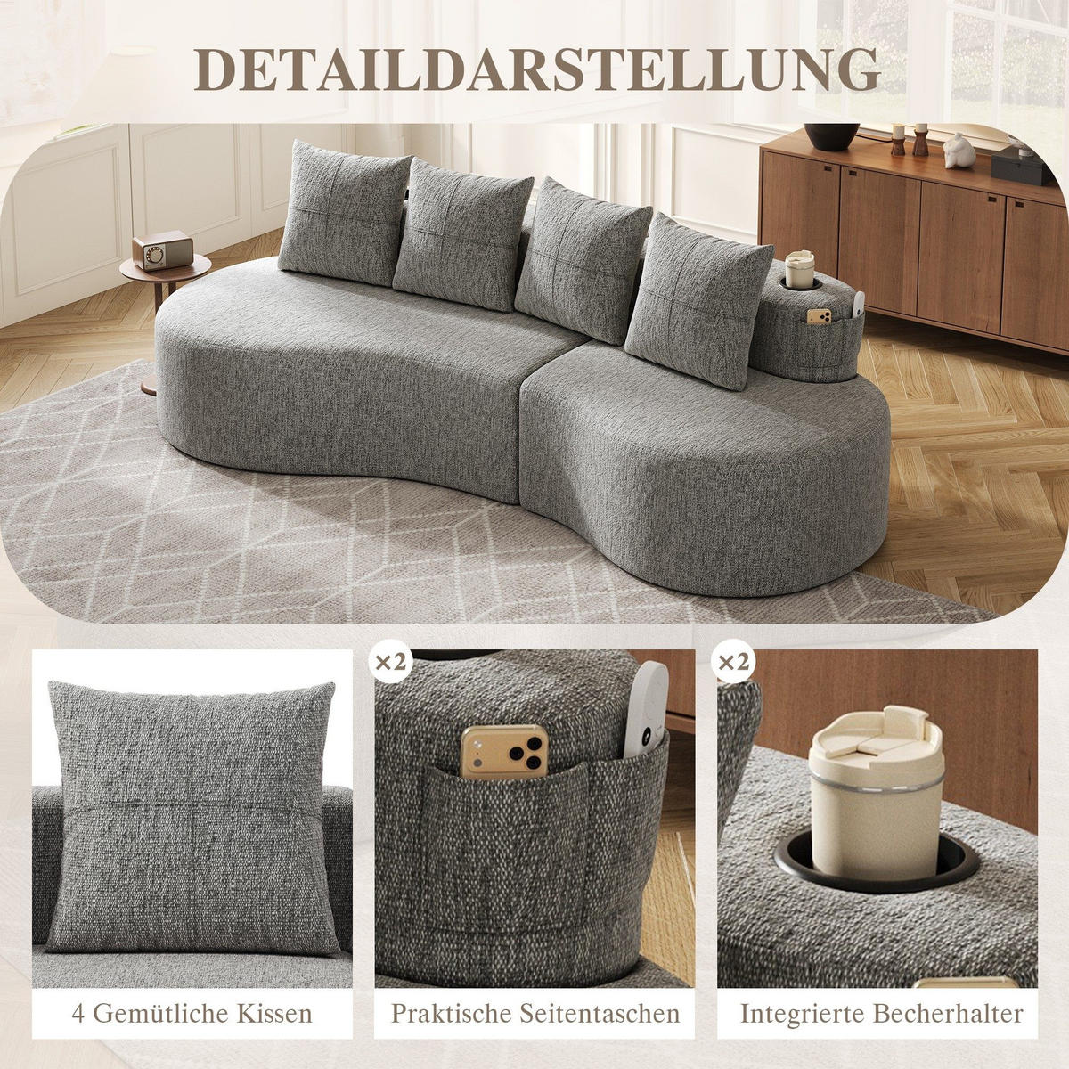 BIGSOFA Loungesofa,3er-Sofa,reich gepolstert,Leinenstoff,Hellgrau - Hellgrau, Textil (240/63/109cm) - LVHOM