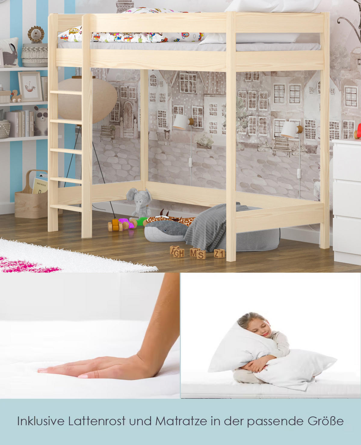 HOCHBETT Hugo 180x80 naturweiß mit Matratze - Naturfarben, Holzwerkstoff (80/180cm) - LUKDOM