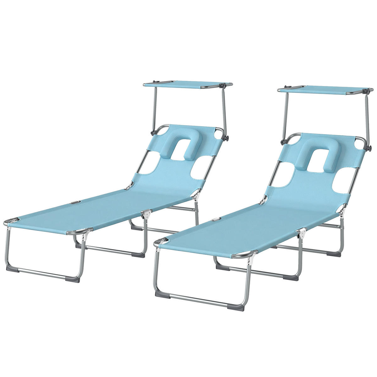 GARTENSONNENLIEGE, 2er-Set, Blau, 360° Sonnendach, Gesichtsöffnung, Seitentasche - Blau, Metall (188/27/56cm) - Vallsero