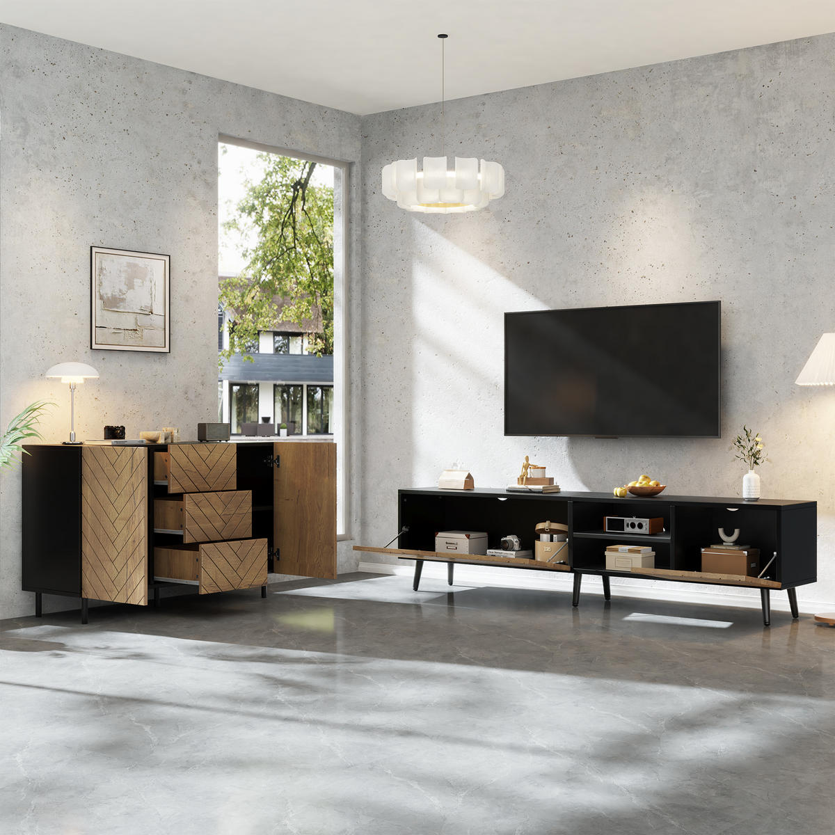 TV-BANK & SIDEBOARD SET Natur/Schwarz 2-teilig, Holzoptik, 180/33,5/45 cm & 120/40/76 cm - Naturfarben, Holzwerkstoff (120/76/40cm) - PANGIVO