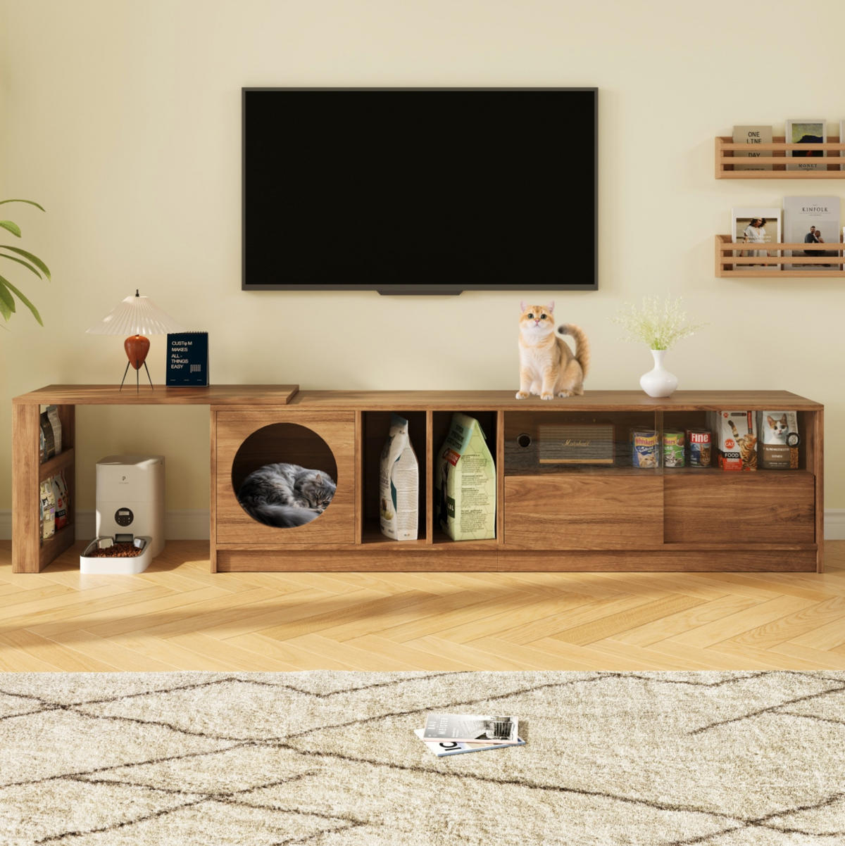 TV-SCHRANK aus MDF und Glas 180x40x50 cm Nussbaum drehbar, ausziehbar mit Katzenruhebereich - Walnussfarben, Holzwerkstoff (180/50/40cm) - Modfu