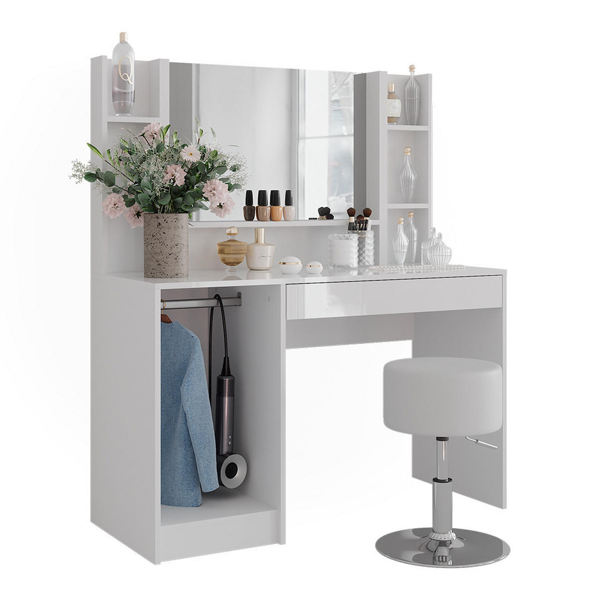 SCHMINKTISCH Sherry Weiß/Weiß Hochglanz 119.8 cm 5 Teile - Weiß Hochglanz, Holzwerkstoff (119.8/76/50.1cm) - Vicco