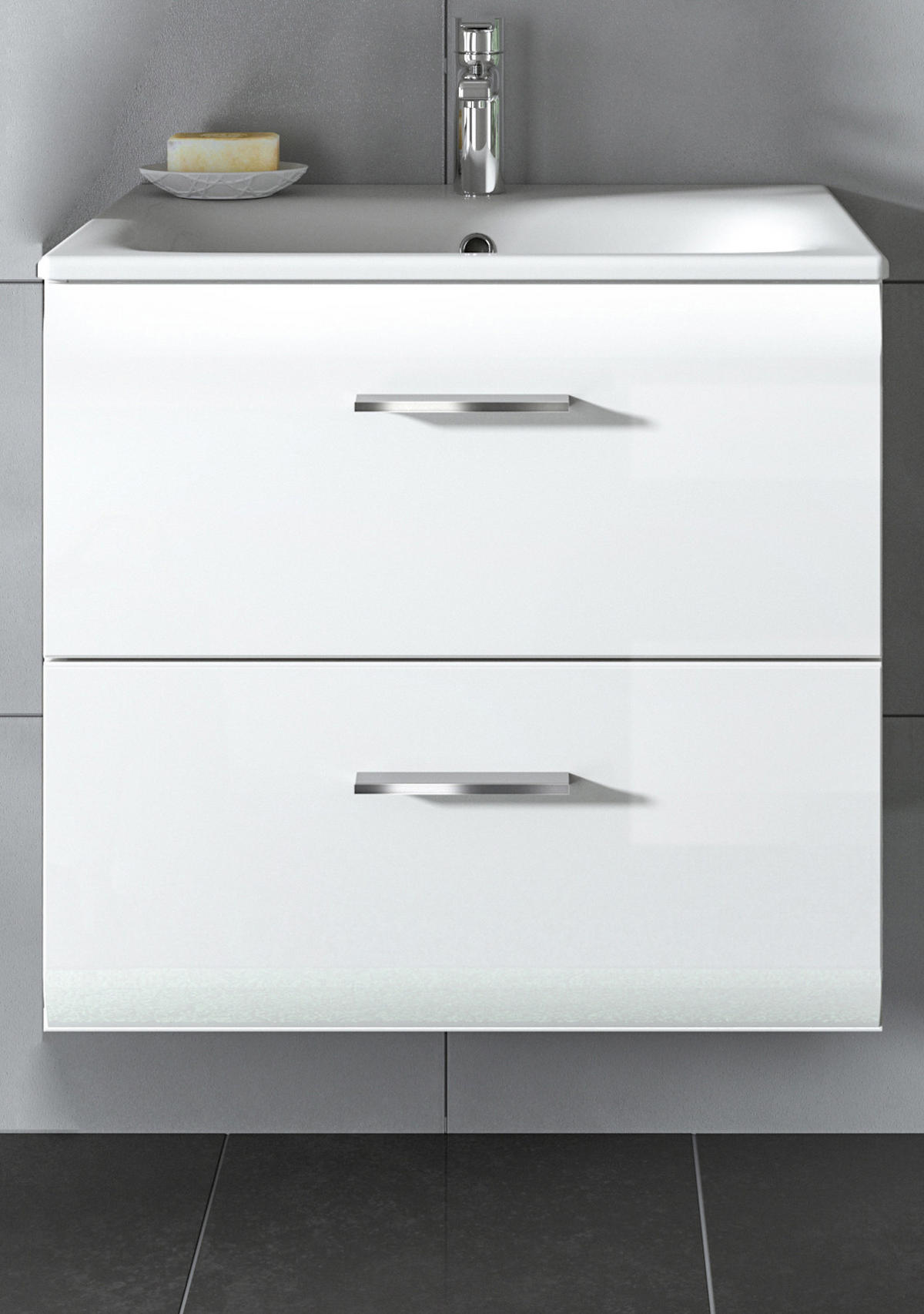 WASCHBECKENUNTERSCHRANK inklusive Waschbecken weiß Hochglanz, Waschtisch hängend - Weiß Hochglanz, Keramik/Holzwerkstoff (60/55/46cm) - Inn.Furn