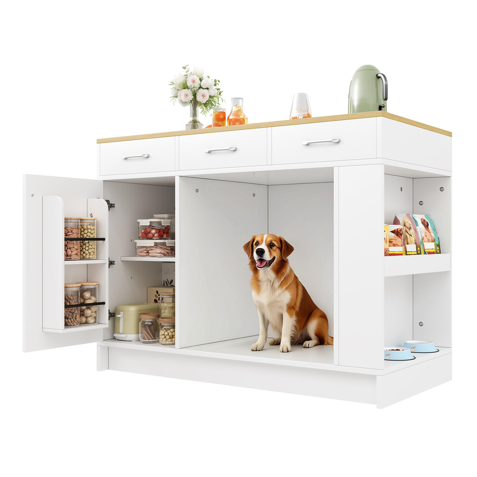 KÜCHENINSEL Weiß mit Haustierbereich und drei Schubladen 120×60×90 cm aus MDF - Weiß, Holzwerkstoff (120/90/60cm) - Luhomfu