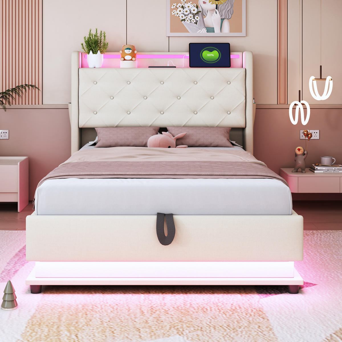 KINDERBETT 90/200 cm aus Leinenstoff mit LED-Beleuchtung und USB-Anschluss Beige - Beige, Textil (90/200cm) - Modenvie