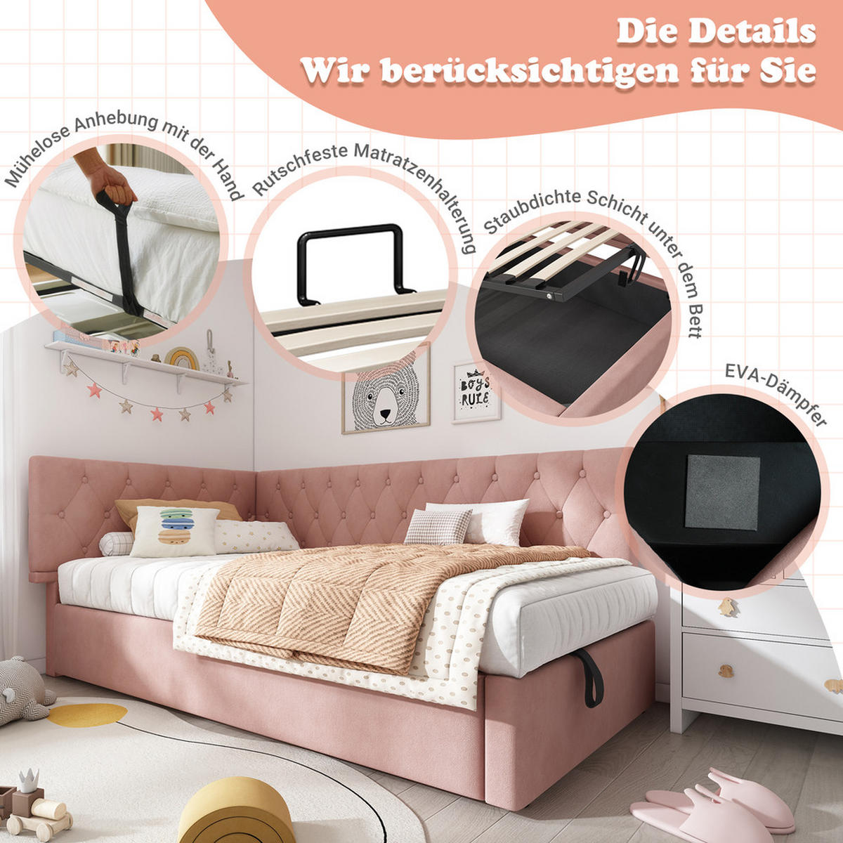 TAGESBETT 90x200cm Schlafsofa mit hydraulischem Stauraum Samt Rosa - Pink, Holz (90/200cm) - FLIEKS