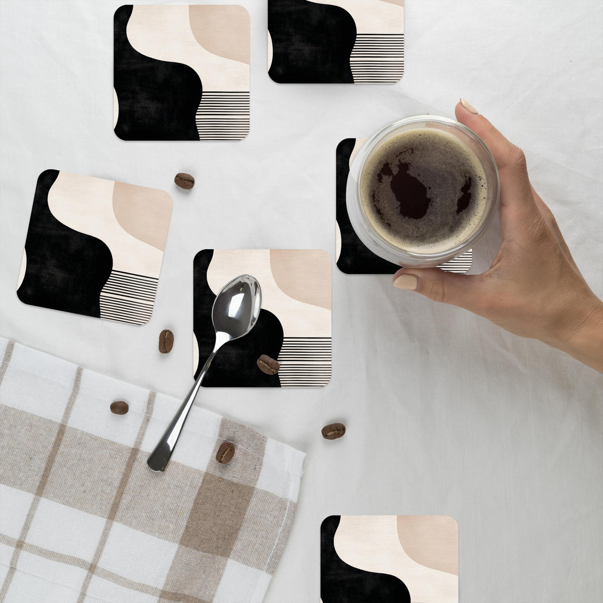 GLASUNTERSETZER 6er-Set Abstrakt - Japandi - Beige - Modern 10x10 cm - Schwarz, Naturmaterialien (10/0.2cm) - MuchoWow