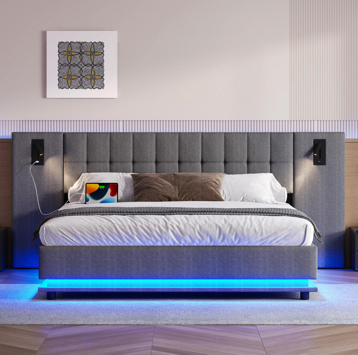 ČALÚNENÁ posteľ z ľanu 180x200 cm sivá s LED osvetlením, USB portom, bodovým svetlom a bez matraca - sivá, textil (180/200cm) - Modfu