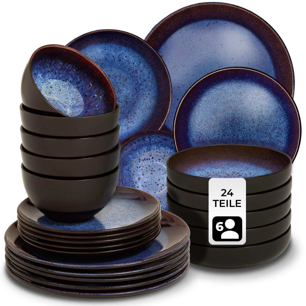 TAFELSERVICE Mare, ineinander stapelbar, blau/braun - Blau, Keramik (26.5/2.5/26.5cm) - tectake