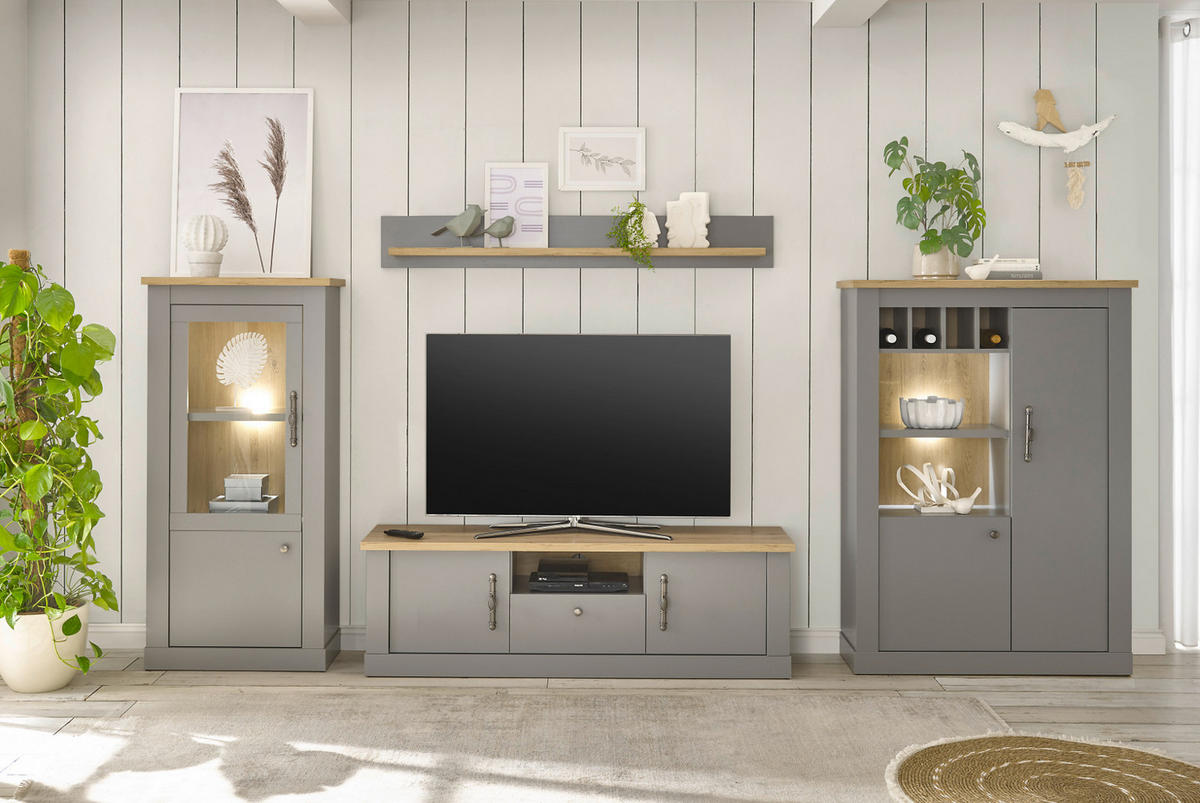 TV-LOWBOARD grau, Artisan Eiche Landhaus 155 cm, TV Unterteil mit viel Stauraum - Silberfarben/Hellgrau, Holzwerkstoff/Metall (155/48/44cm) - Furn.Design