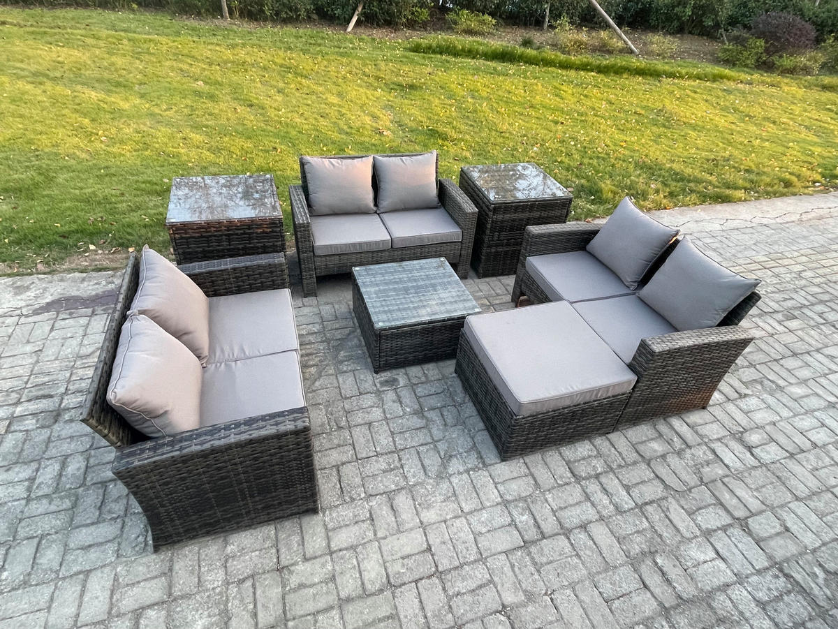 GARTENSOFA Hohe Rückenlehne Polyrattan Dunkelgrau 7-Sitzer - Dunkelgrau, Metall - Fimous