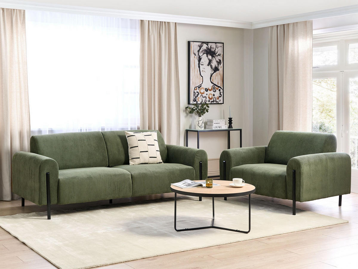 4-SITZER-SOFA Set Cord olivgrün Askim - Schwarz/Grün, Textil (122/122/207cm) - Beliani