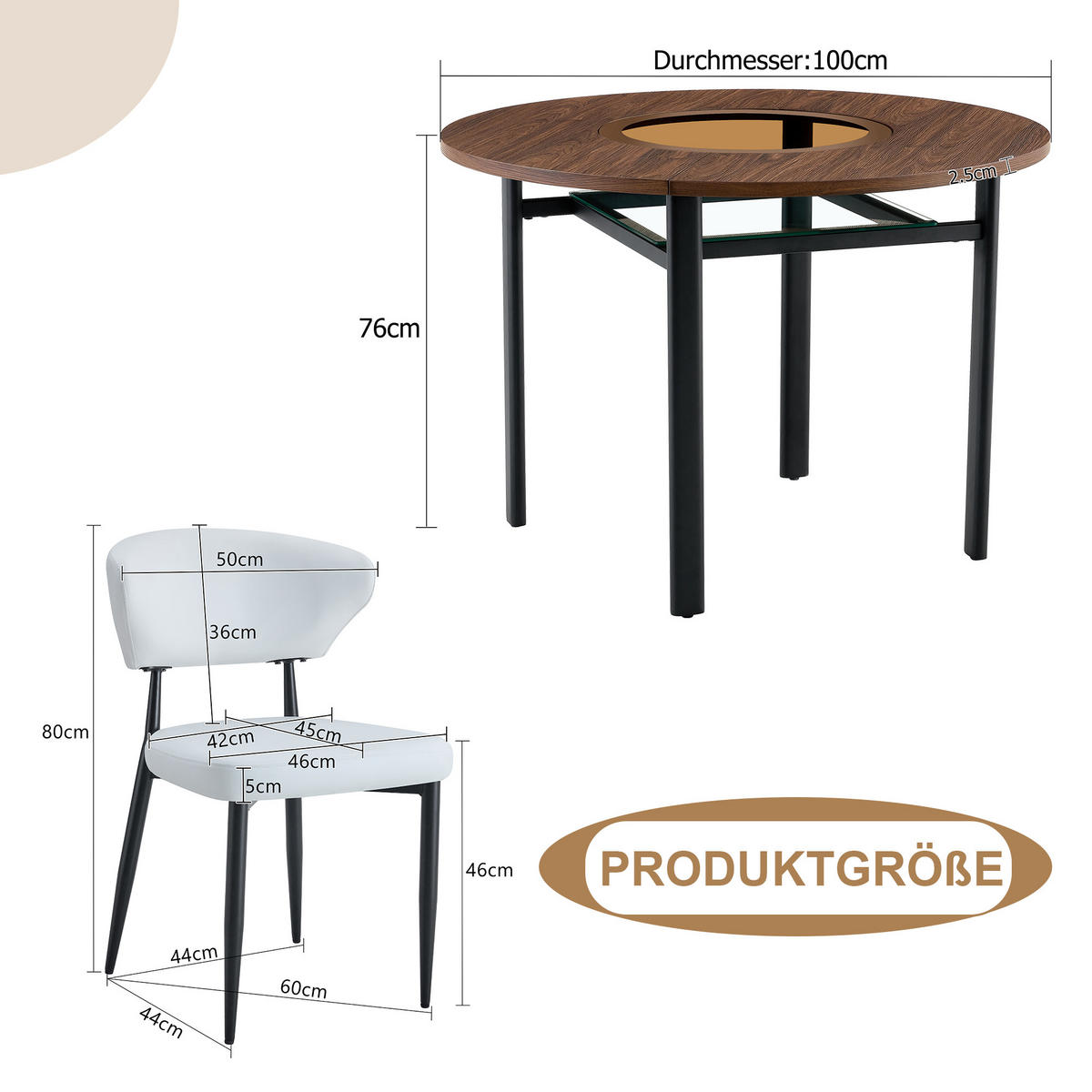 ESSGRUPPE DE-39356 3-teilig, mit 2 PU-Sesseln und Glasintarsie Braun/Weiß - Weiß, Metall (100/76/100cm) - ComfortXL
