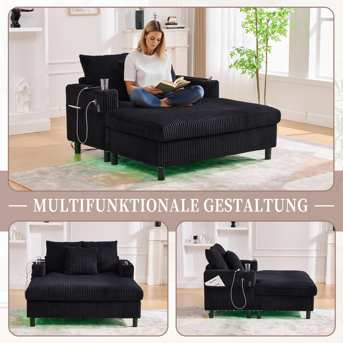 SCHLAFSOFA,SCHLAFCOUCH Schwarz, Cordbezug mit LED USB Anschluss Getränkehalter - Schwarz, Textil (142/85/128cm) - PARAFTA HOME