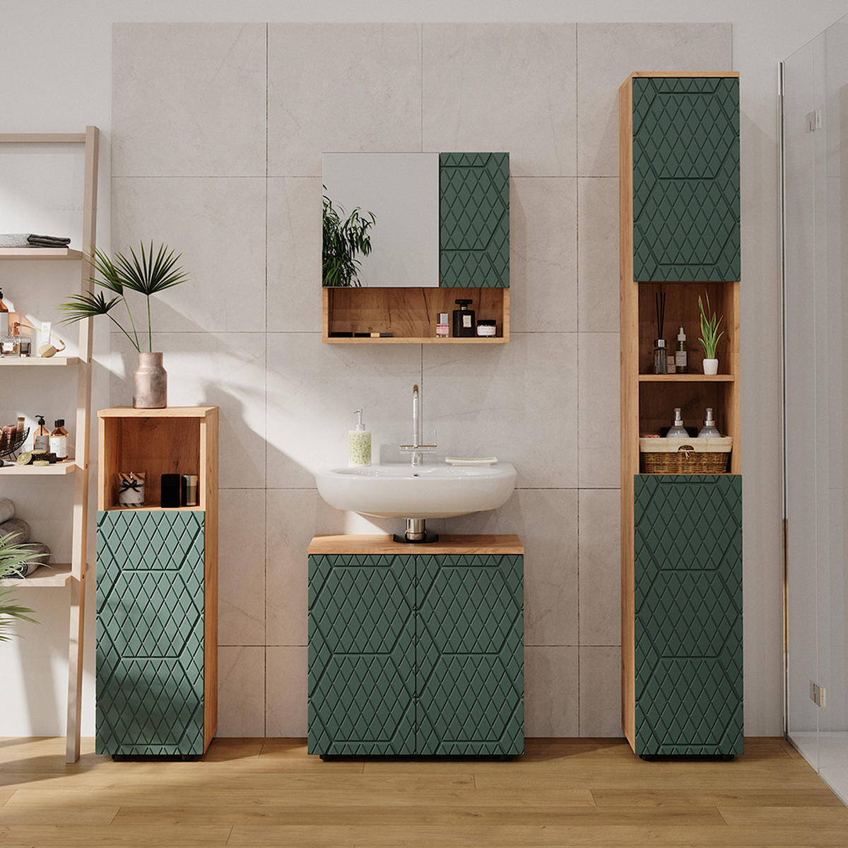 BADSCHRANK Irma Goldkraft Eiche 30 x 192 cm - Grün, Holzwerkstoff (30/192/30cm) - Vicco