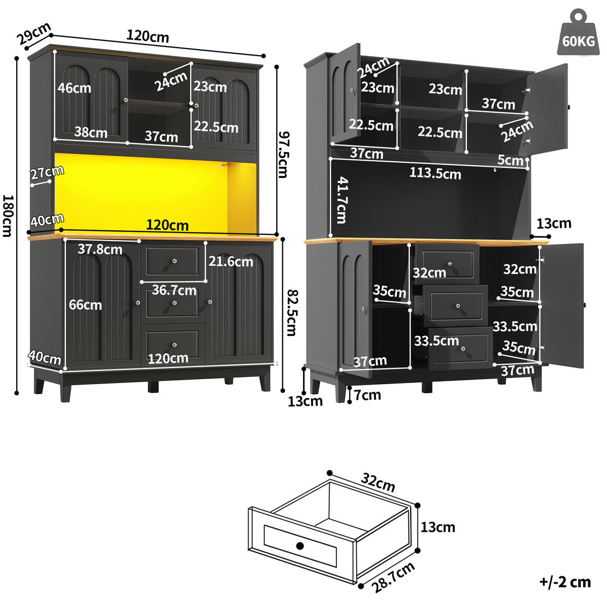 VISOKI ormar, 120/40/180 cm, MDF crna/prirodna, s LED rasvjetom i USB-om - crna, drvni materijal (120/180/40cm) - BEAOK