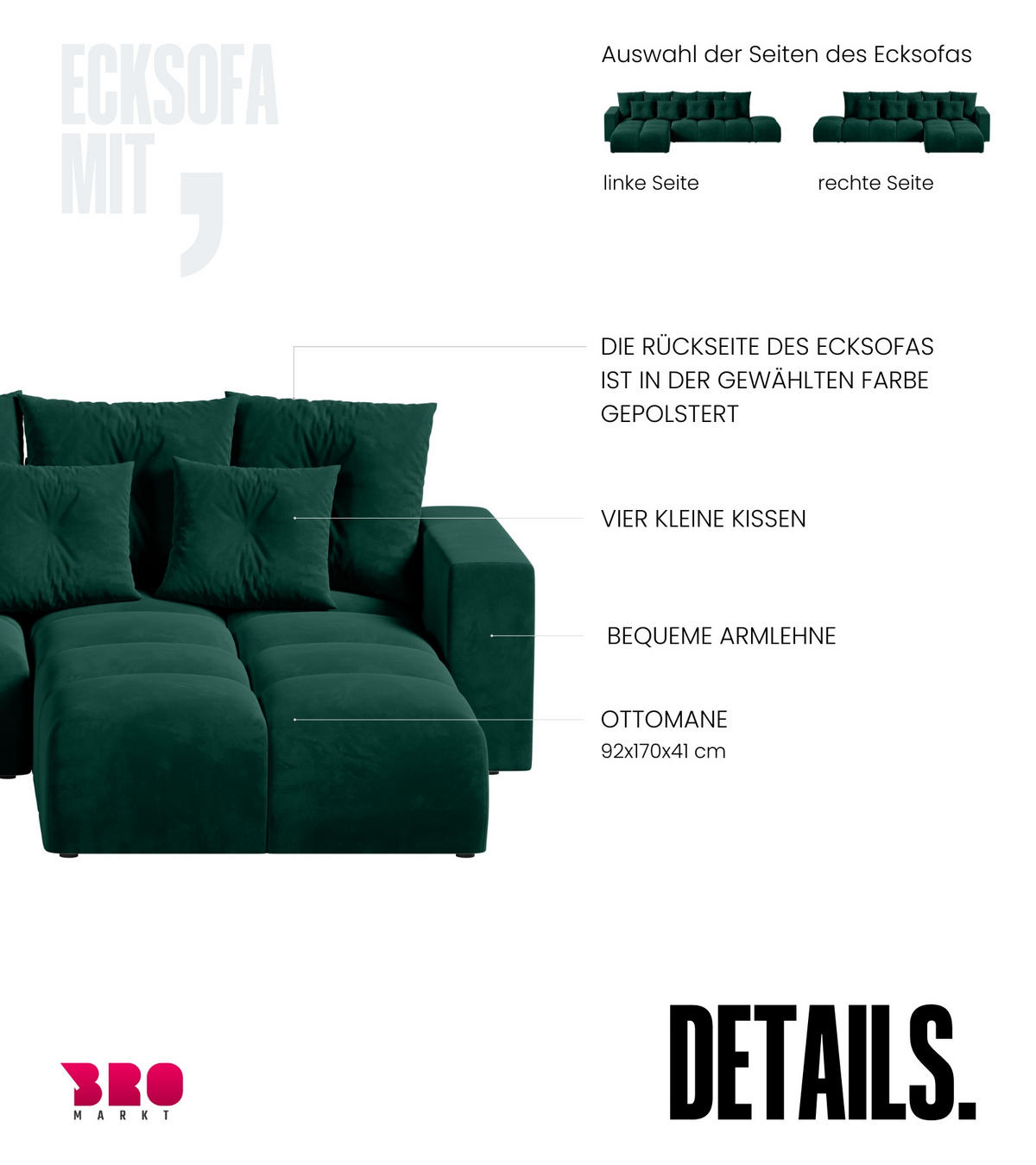 ECKSOFA mit Schlaffunktion RAMIRO Grün - Dunkelgrün, Textil (325/185cm)