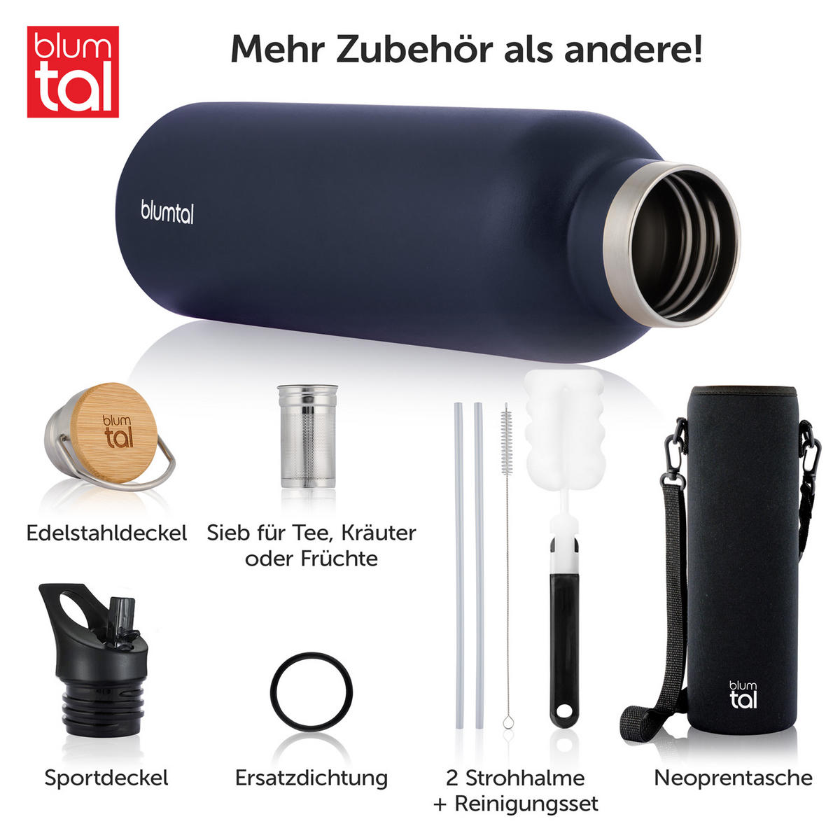 TRINKFLASCHE Leni 1000 ml, inkl. Teesieb und Sportdeckel - Dunkelblau, Metall (1L) - Blumtal