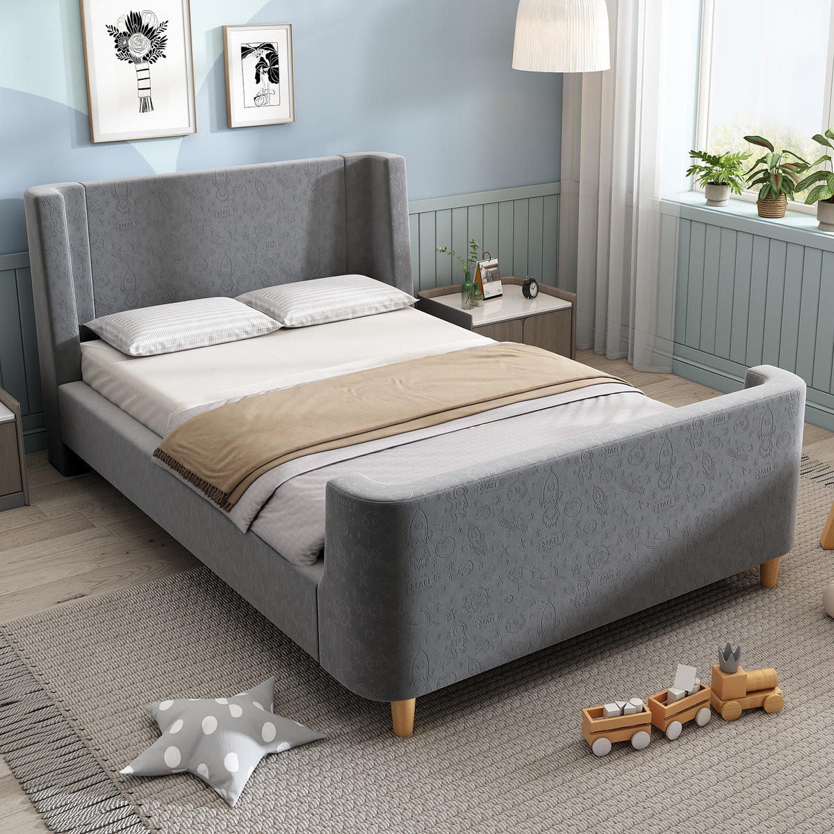 KINDERBETT in Schlittenform 90x200 cm Samt Grau mit Weltraummotiv - Grau, Holzwerkstoff (90/200cm) - Beauniv