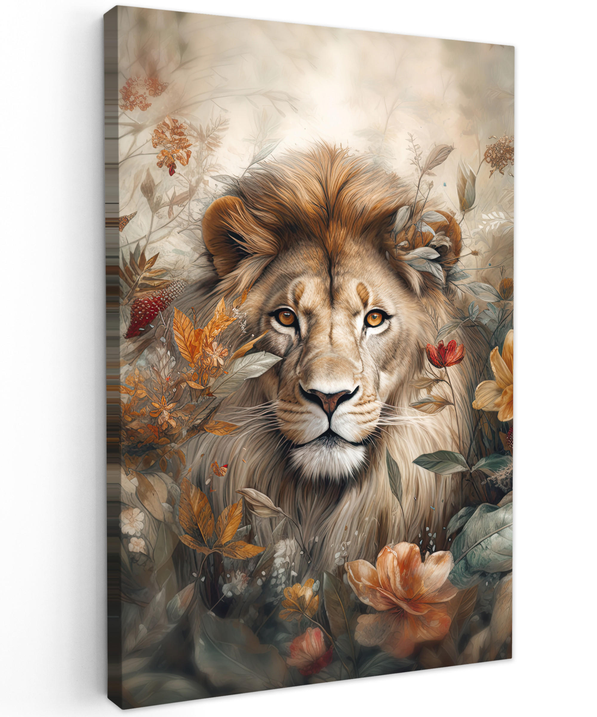 LEINWANDBILD Löwe - Wildtiere - Pflanzen - Natur - Blumen 80x120 cm - Beige, Textil (80/120cm) - MuchoWow