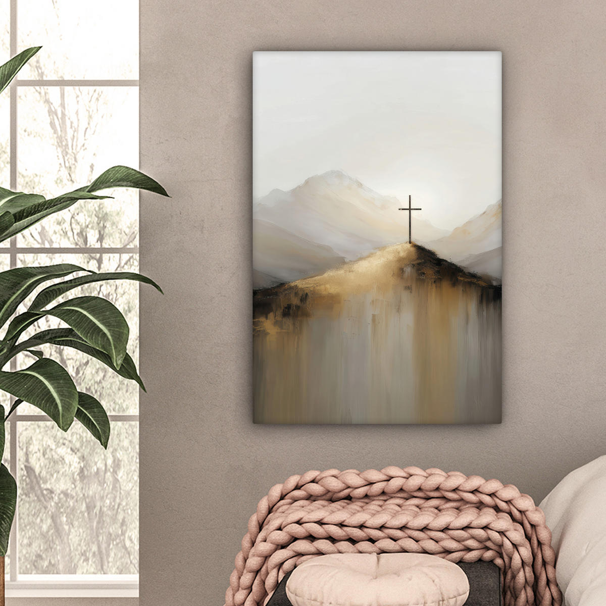 LEINWANDBILD Hügel - Abstrakt - Kreuz - Christentum Wanddeko Schlafzimmer 60x90 cm - Beige, Textil (60/90cm) - MuchoWow