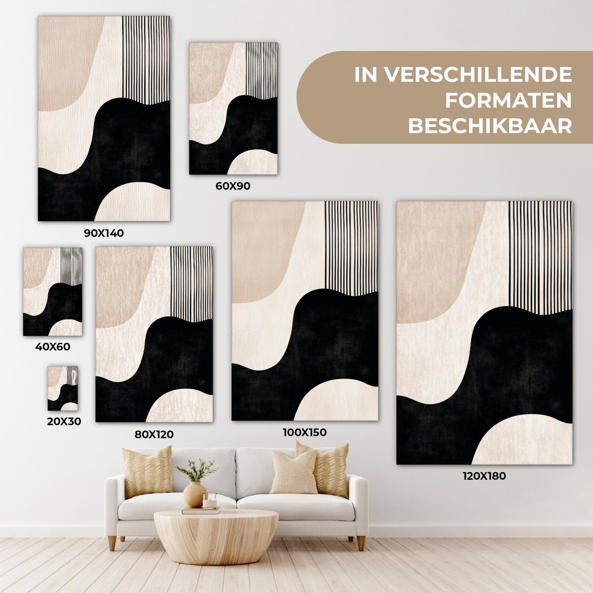 LEINWANDBILD Abstrakt - Japandi - Beige - Modern Wanddeko Schlafzimmer 60x90 cm - Schwarz, Textil (60/90cm) - MuchoWow