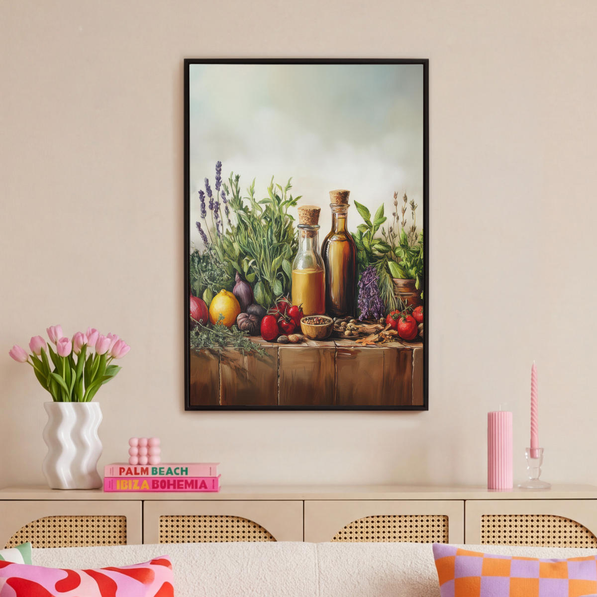 LEINWAND Bilder mit Rahmen - Stilleben - Kräuter - Gewürze - Früchte - Farbenfroh - 60x90 - Grün, Textil (60/90cm) - MuchoWow