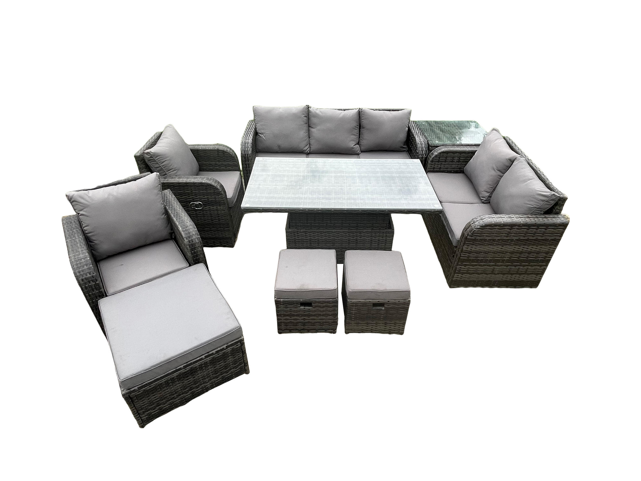 LOUNGESOFA Polyrattan 9-Sitzer - Dunkelgrau/Grau, Glas/Kunststoff - Fimous