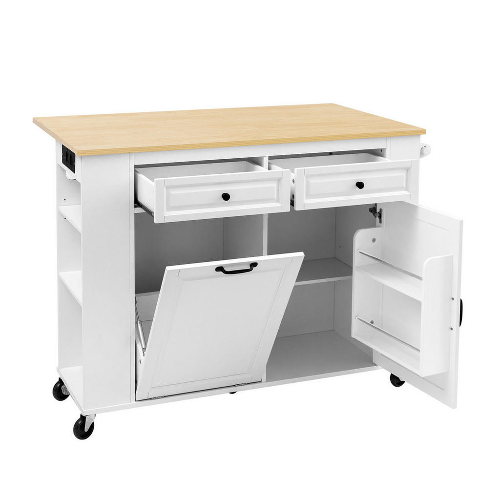 Modfu KUCHYŇSKÝ ostrůvek z MDF 120x40-70x92 cm bílý/přírodní s výklopnou deskou, zásuvkami USB a prostorem na odpad