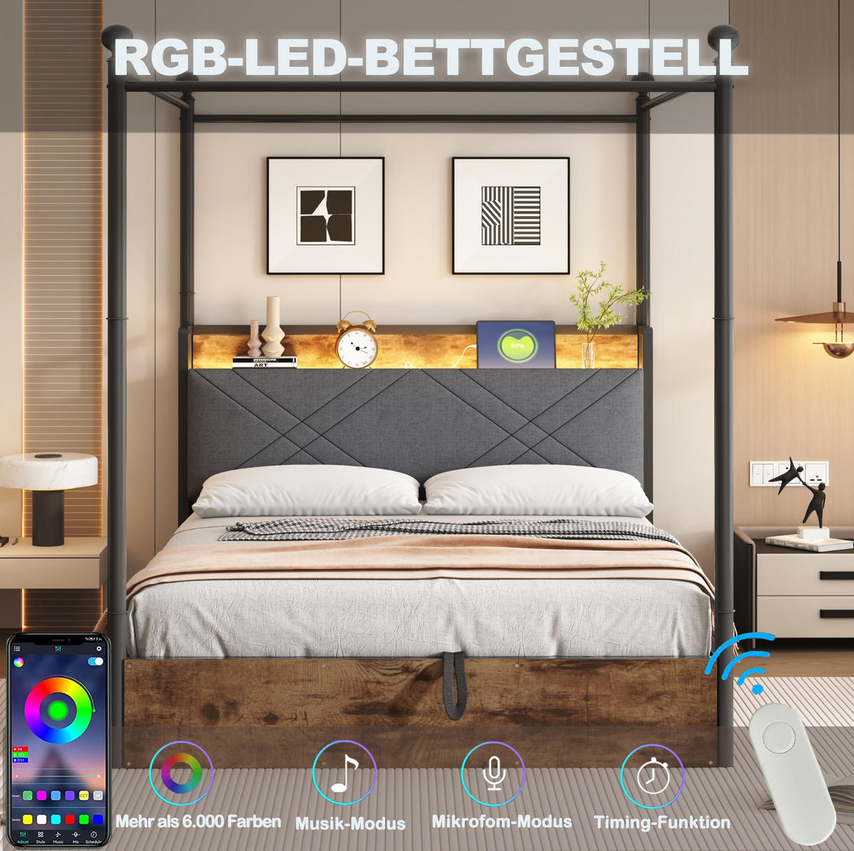 KREVET 140/190 cm s odvojivim baldahinom, LED osvjetljenjem, USB/Type-C priključkom i hidrauličnim spremištem, Crna - crna, metal (140/190cm) - Redom