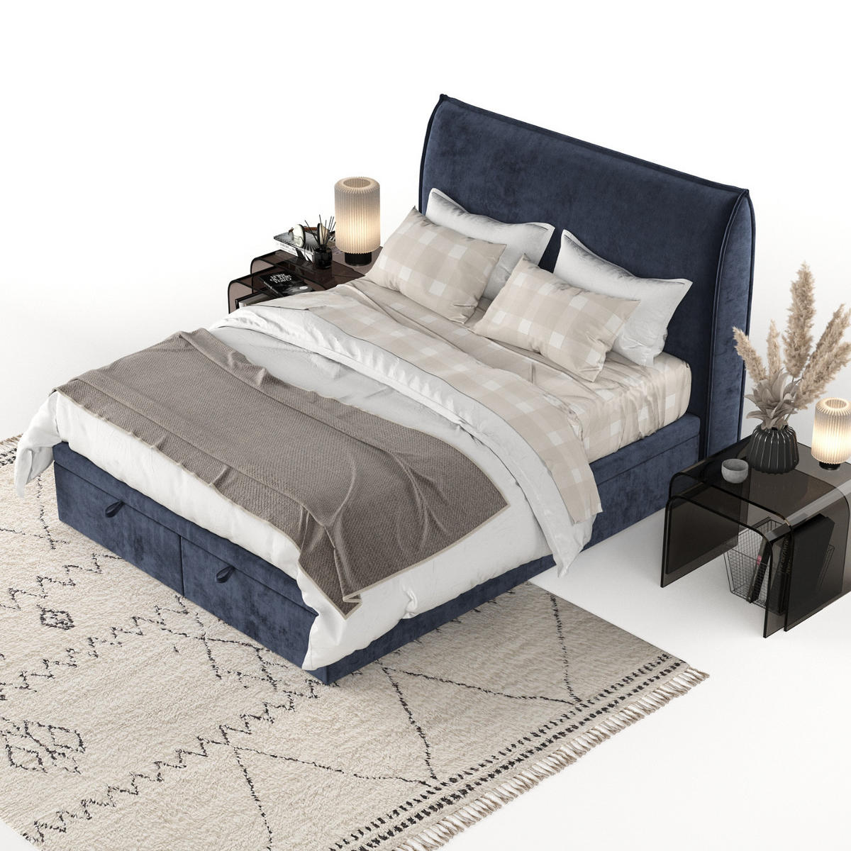 POLSTERBETT Tuvalu mit Stauraum 160/200 cm Marineblau im Lotta Stoff - Schwarz/Dunkelblau, Holz/Holzwerkstoff (160/200cm) - AltaBeds