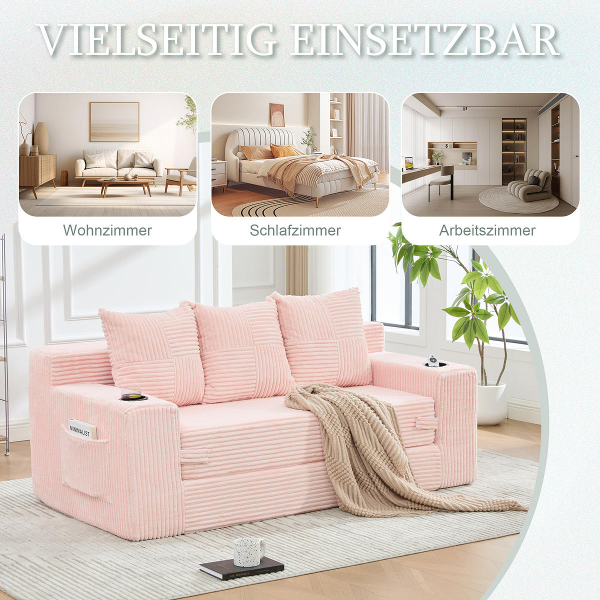 2-SITZER Bodensofa ausklappbar, Getränkehalter/Seitentaschen, Cord, Rosa - Rosa, Textil (172/64/87cm) - LVHOM