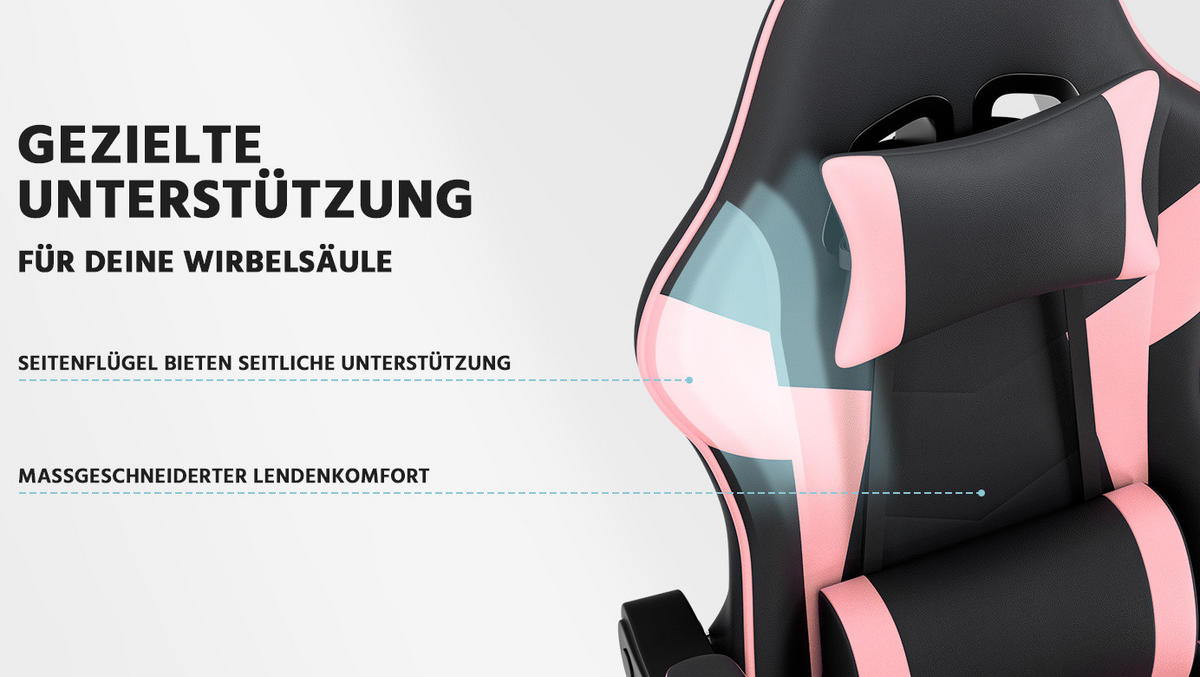 GAMINGSTUHL ergonomisch mit Fußstütze PVC Pink/Black - Pink, Kunststoff (63/120.5/58.5cm) - Meubliv