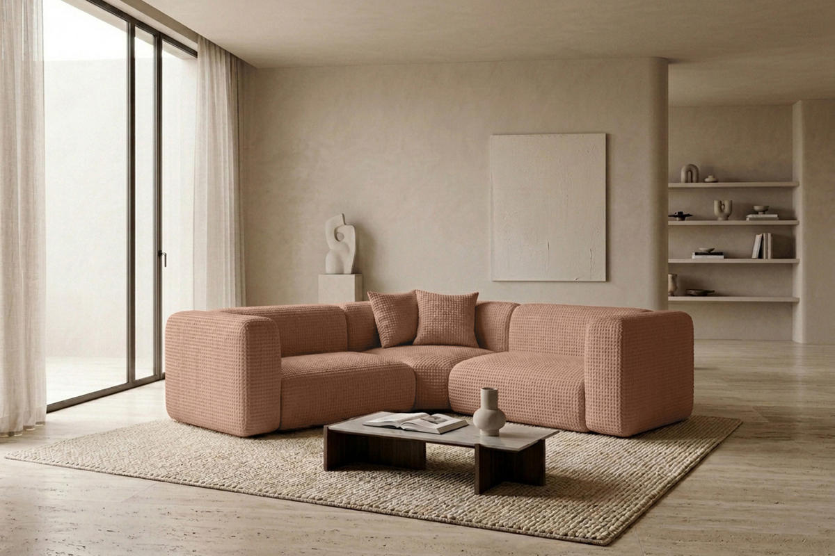ECKSOFA Modulares, Corner mini, Chenille-Stoff Cremona, Hellbraun, GRETA - Hellbraun, Holz (380/190cm) - Kaiser Möbel