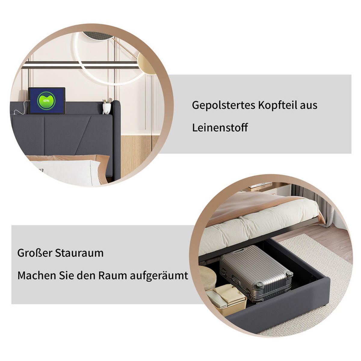 BETT 160 x 200 cm mit Stauraum, hydraulisch mit Staufach, Kopfteil und Lattenrost, Grau + Leinen - Grau, Holzwerkstoff/Textil