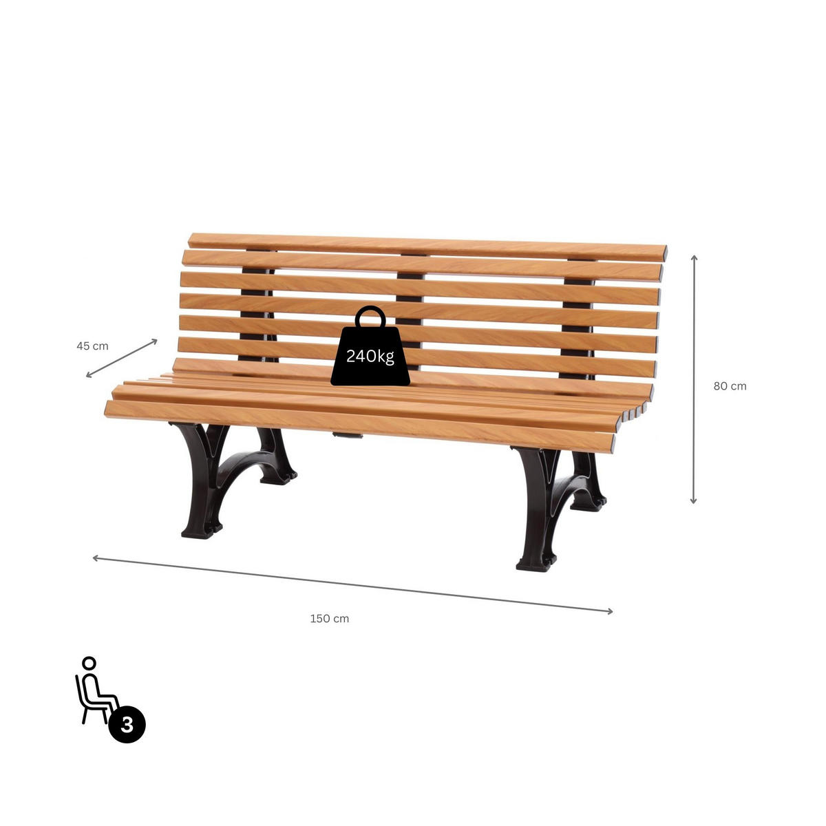 GARTENBANK Jamaika 3 Sitzer Holzoptik 80 x 150 x 64 cm Witterungskunststoff & UV Beständiger Kunststoff - Beige, Kunststoff (150/80/64cm) - PROREGAL