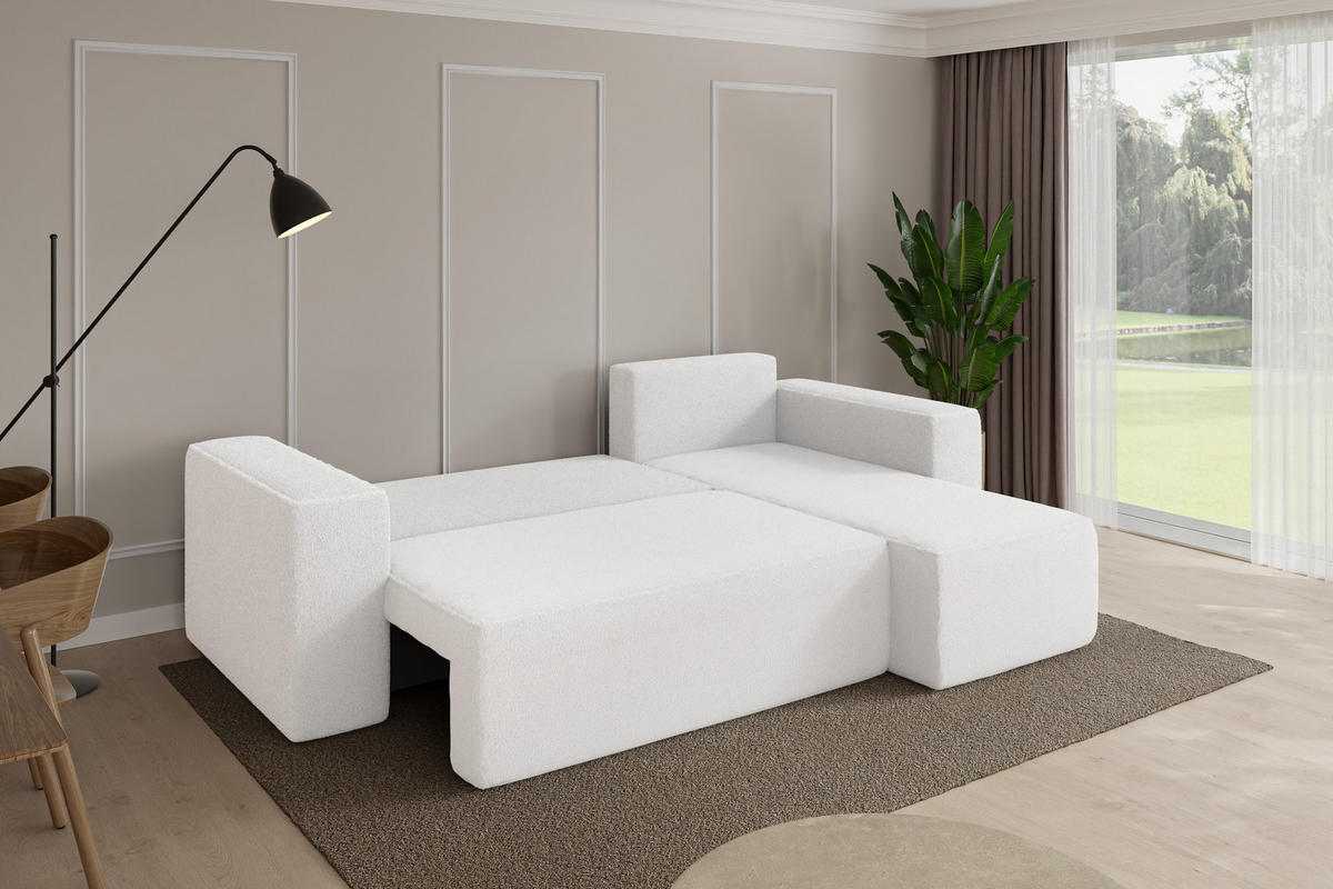 ROHOVÁ SEDAČKA s funkcí spaní, otoman vpravo SENO-L 249x139x85 bílá bouclé - bílá/černá, kompozitní dřevo/textil (249/139cm) - ALTDECOR