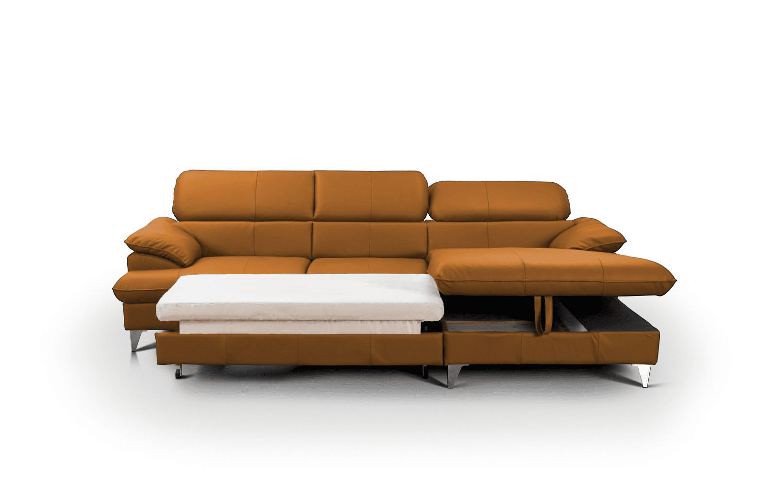 ECKSOFA mit Schlaffunktion und Bettkasten, Echtleder - Chromfarben/Orange, Leder/Holz (167/254cm) - Cotta