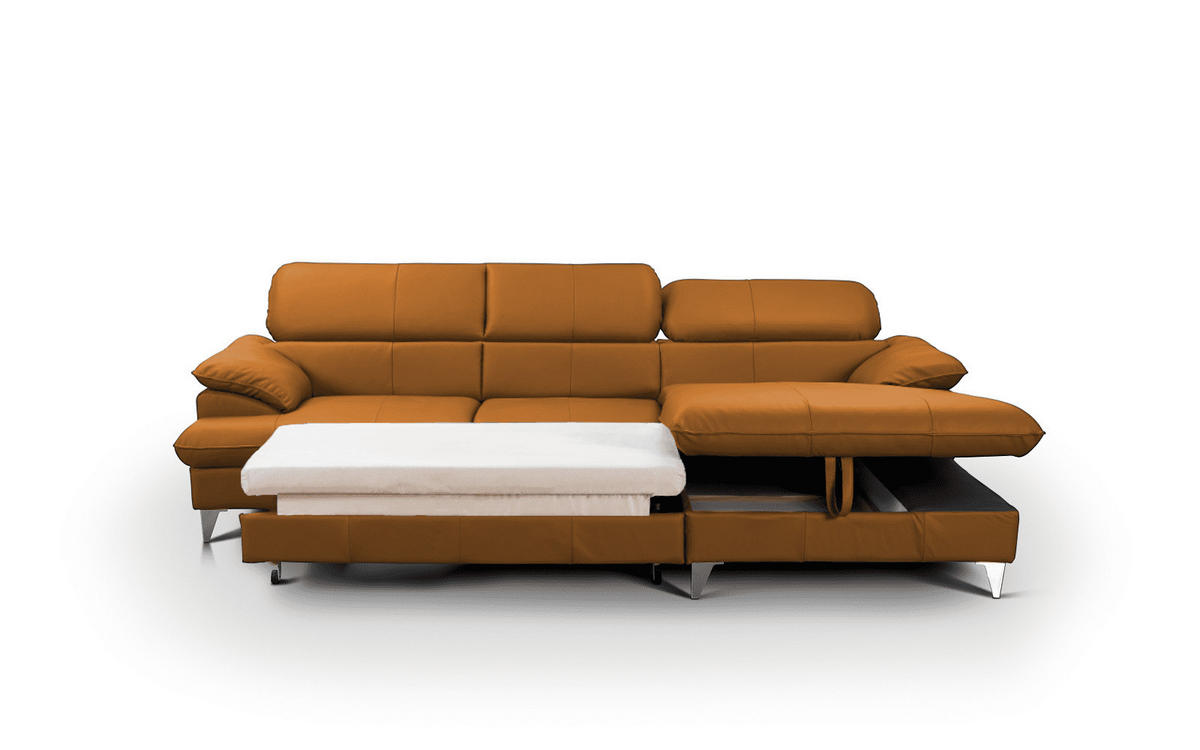 ECKSOFA mit Schlaffunktion und Bettkasten, Echtleder - Chromfarben/Orange, Leder/Holz (167/254cm) - Cotta