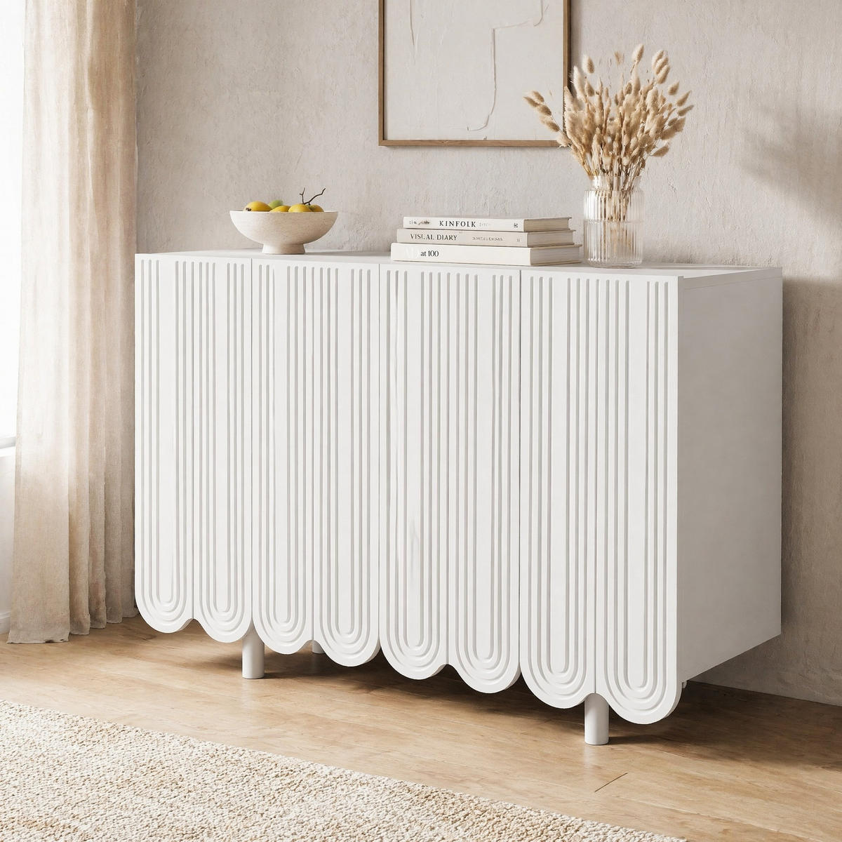 KUCHYŇSKÁ SKŘÍŇ bílá, kapkovitý design, tvarovaná dvířka, do obývacího pokoje a jídelny, 120×37,5×80,8 cm - bílá, kov/kompozitní dřevo (120/80.8/37.5cm) - STILVORA