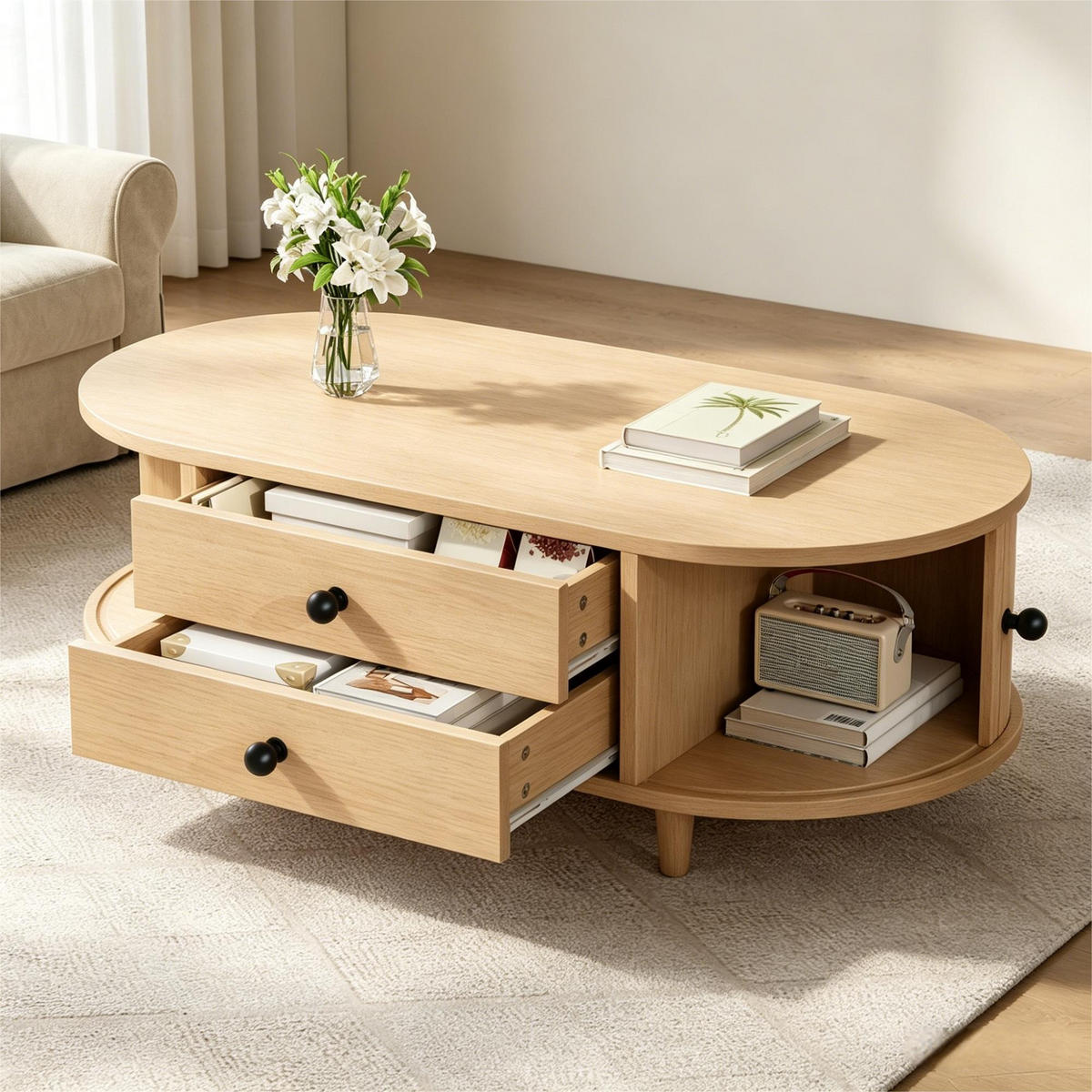 COUCHTISCH mit seitlichen Rolltür 2 Schubladen kompakt stabil heller Holzton 100/50/36 cmMDF/Massivholzbeine - Hellbraun, Holzwerkstoff (100/50/36cm) - EVRYAE