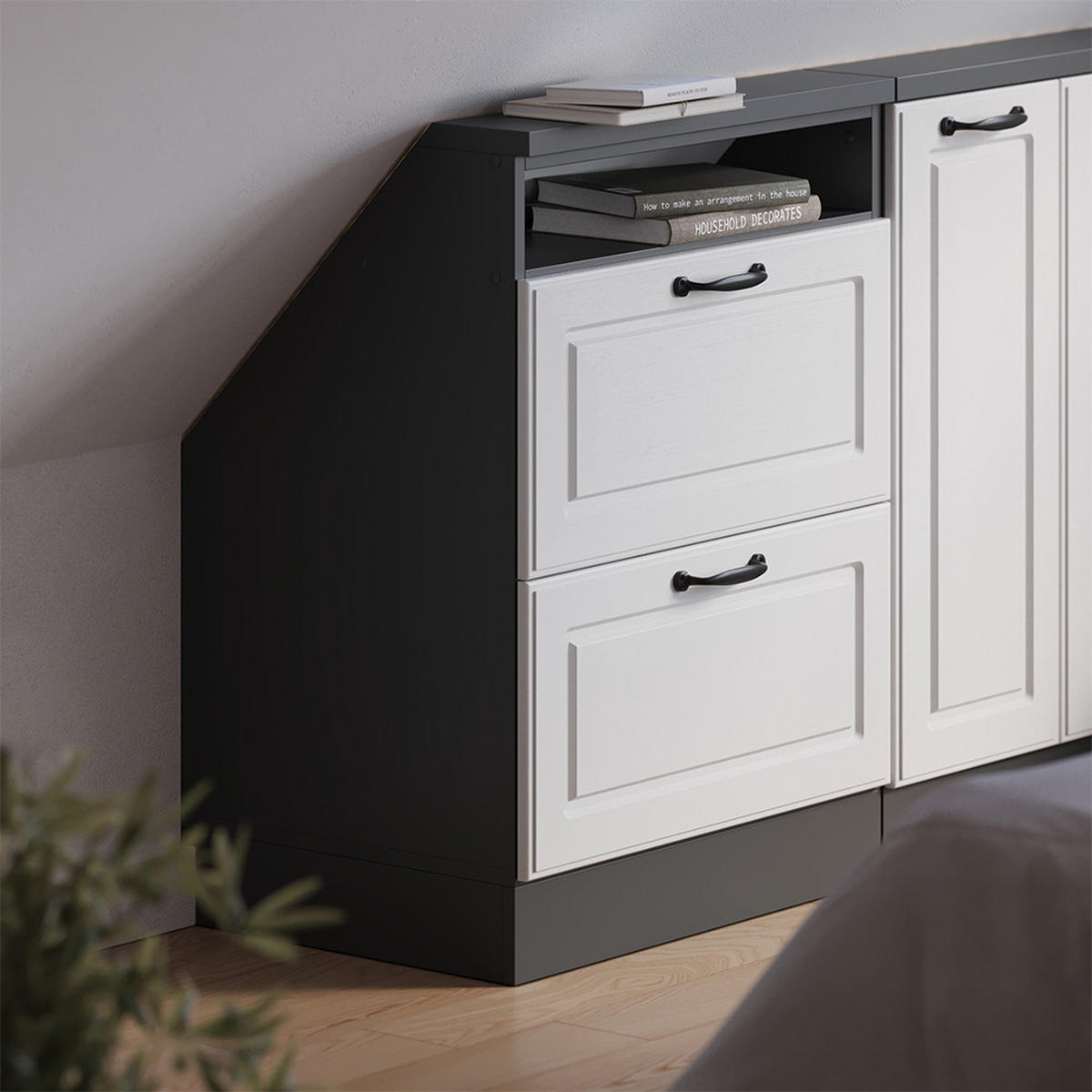 DACHSCHRÄGENSCHRANK Rion Weiß Landhaus/Anthrazit mit 2 Schubladen - Anthrazit/Weiß, Holzwerkstoff (60/81.6/46cm) - Vicco