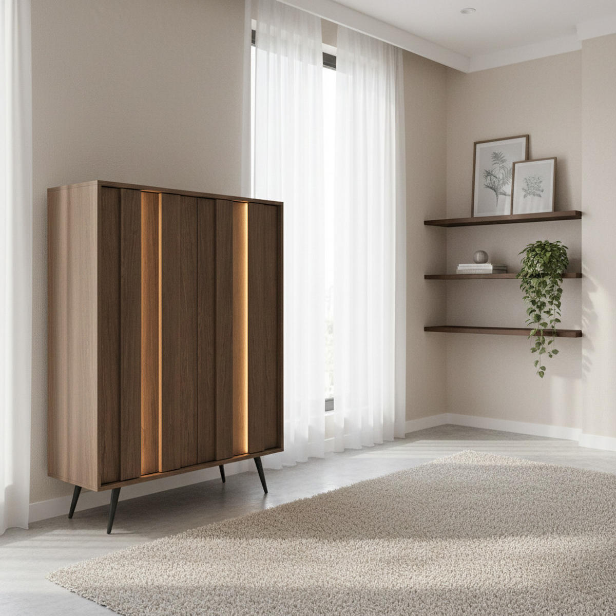 HIGHBOARD LUPO 93 cm Eiche Dunin - mit 2 Türen, LED und Metallfüßen - Eichefarben/Schwarz, Holz/Holzwerkstoff (93/126/40cm) - Ravio