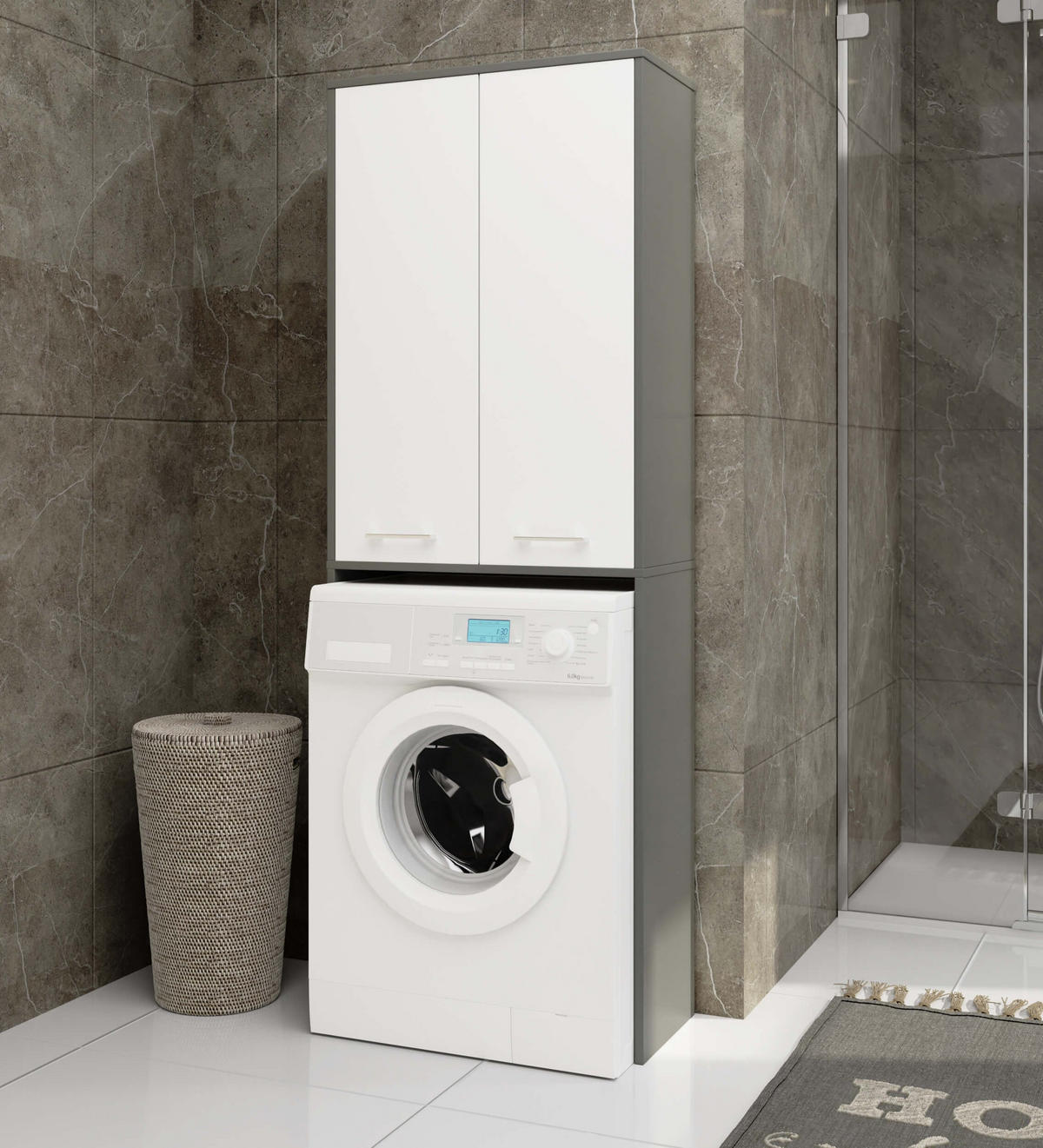 WASCHMASCHINENSCHRANK FIN 2D Grau-Weiß, 30x64x180 cm - Weiß/Grau, Holz (64/180/30cm) - Milordbikes