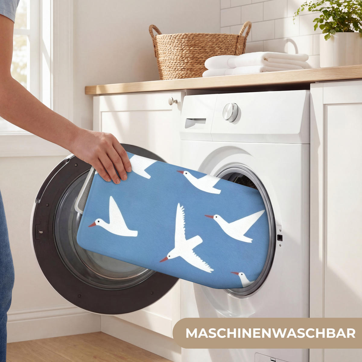 BADEMATTE Vögel - Weiß - Muster 80x50 cm - Blau, Kunststoff/Textil (80/50cm)