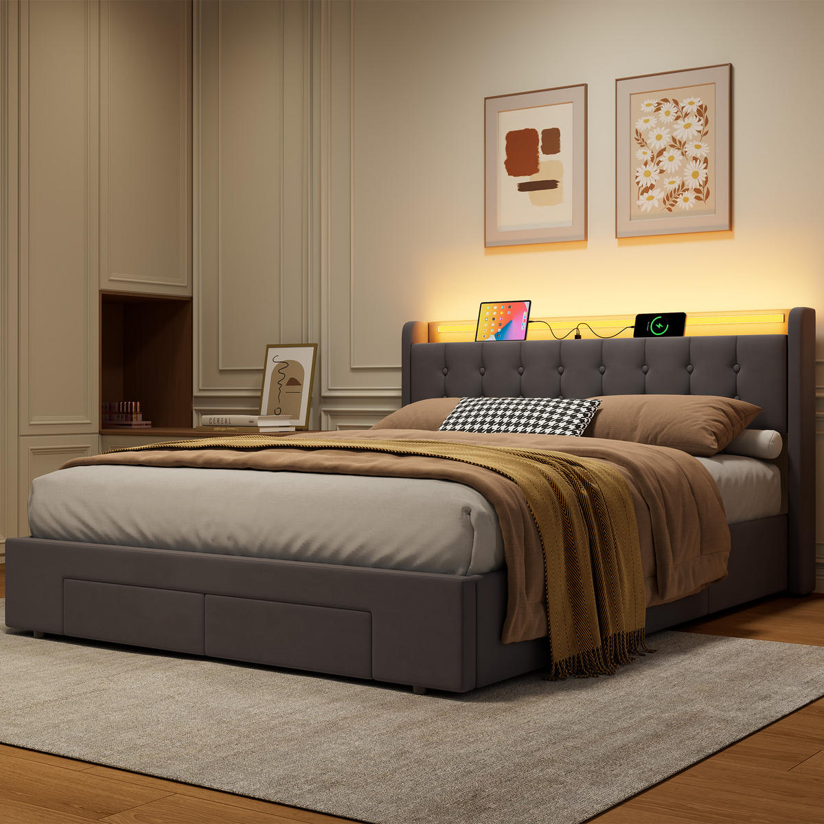 POLSTERBETT 160/200 cm in Grau, mit Matratze, Bettkasten, USB, LED, Stauraum und Schubladen - Grau, Holzwerkstoff/Textil (160/200cm) - WISHDOR