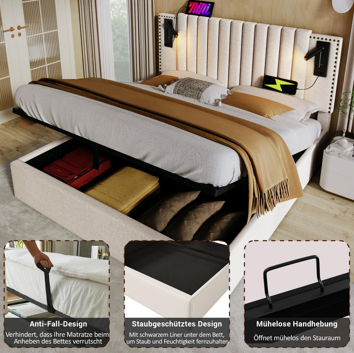 POLSTERBETT mit Bettkasten 180/200 cm in Beige mit Leselicht und USB-C - Beige, Textil (180/200cm) - BEAOK