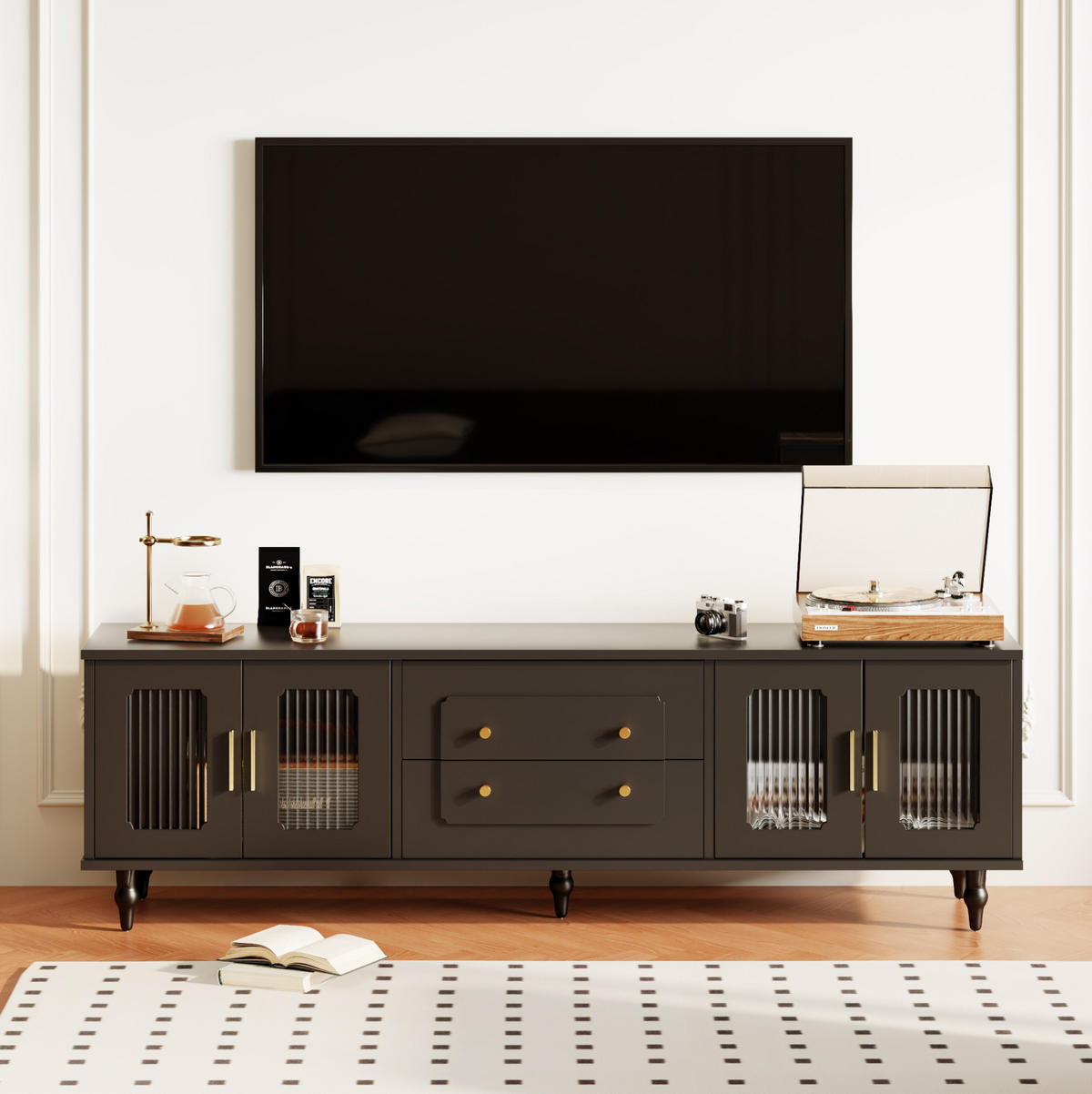 TV-LOWBOARD aus Holzwerkstoff 177x38x55,5 cm Schwarz mit geriffeltem Glas, Push-to-Open und goldfarbenen Griffen - Schwarz, Holzwerkstoff (175/55.5/38cm) - Modfu