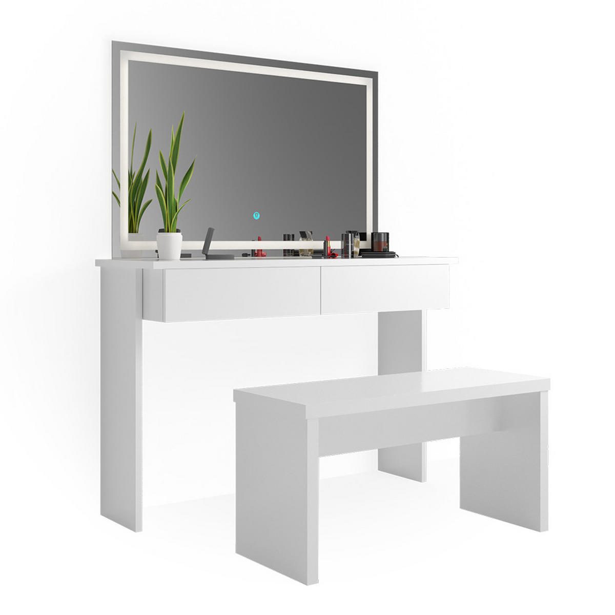 SCHMINKTISCH Azur Weiß 120 cm mit LED Spiegel und Bank - Weiß, Holzwerkstoff (120/83/40cm) - Vicco